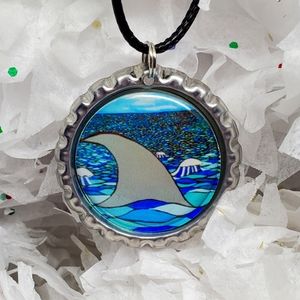 Shark Seascape art bottlecap necklace